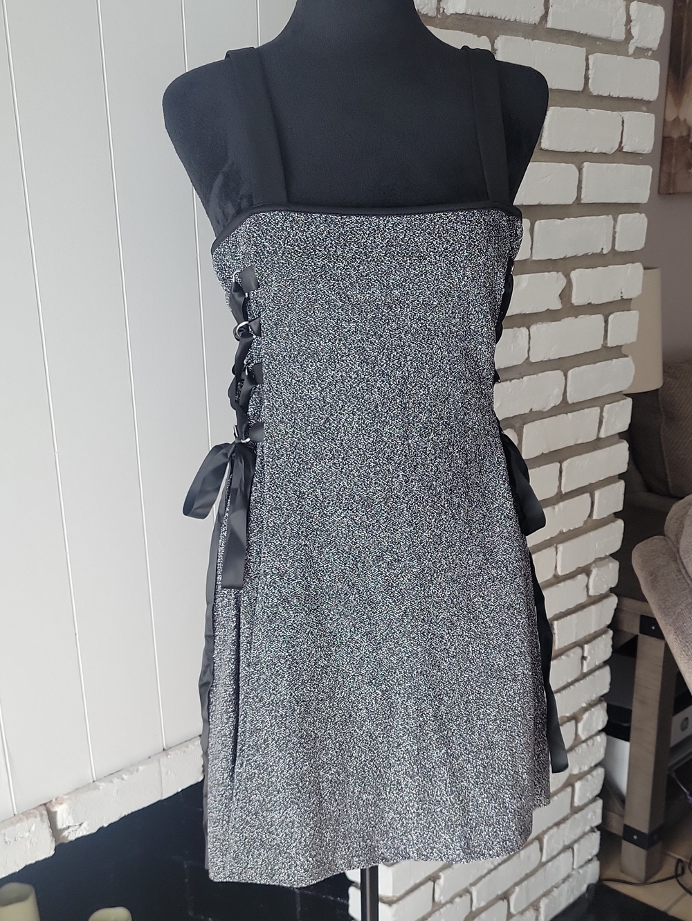 Black and Silver Lace-Up Strap Dress